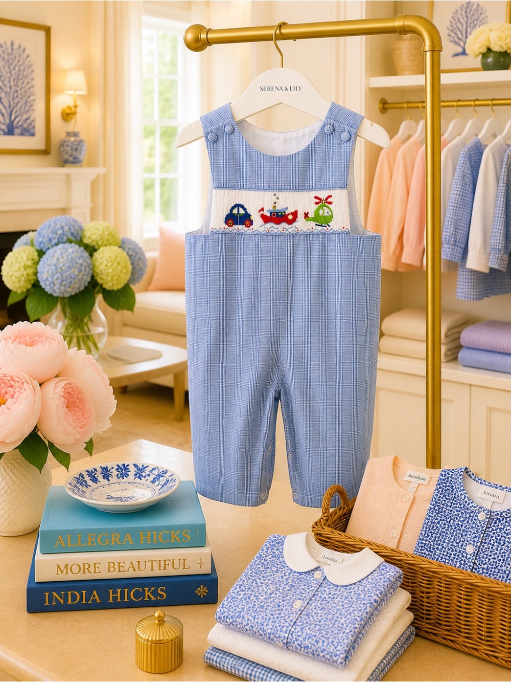 Classic Blue Smocked One-Piece Overalls for Kids - Embroidered Vehicles
